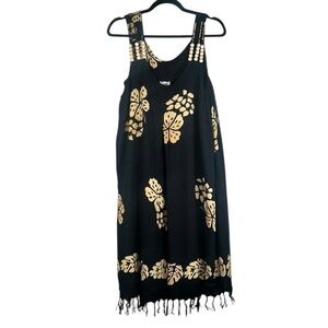 Young Fashion Black & Tan Tropical Hawaiian Vacation Travel Dress Size Large‎